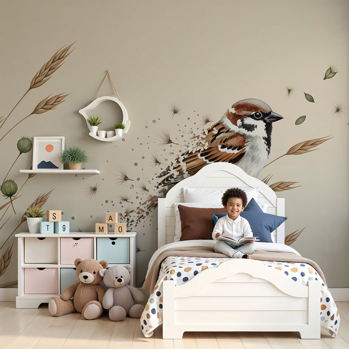 Papier peint chambre bébé | Moineau délicat au milieu des herbes