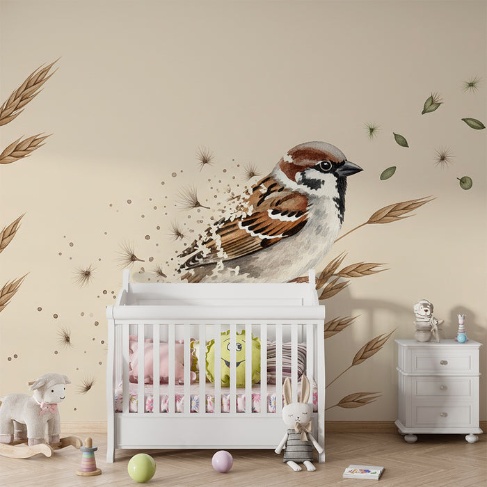 Papier peint chambre bébé | Moineau délicat au milieu des herbes