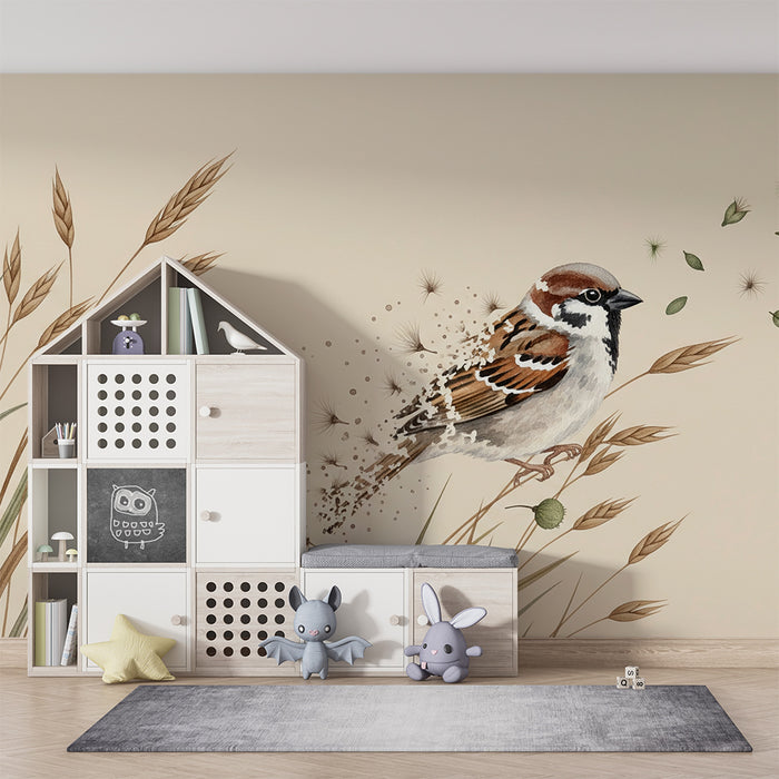 Papier peint chambre bébé | Moineau délicat au milieu des herbes