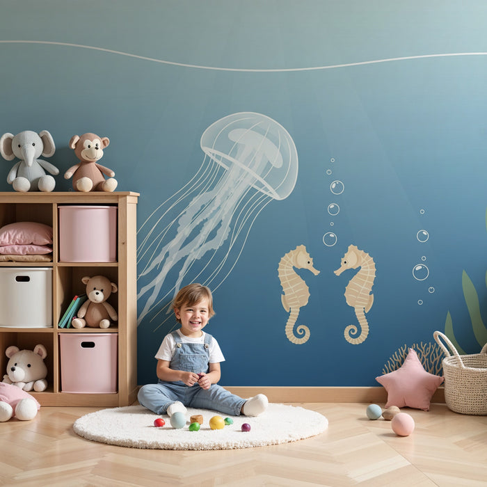 Papier peint chambre bébé | Monde sous-marin avec méduses et hippocampes