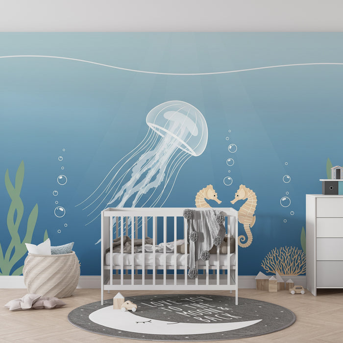 Papier peint chambre bébé | Monde sous-marin avec méduses et hippocampes