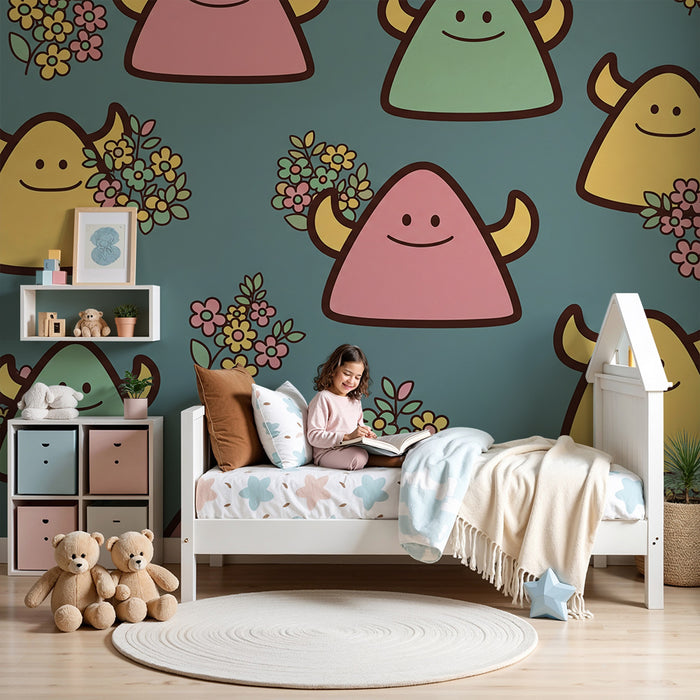 Papier peint chambre bébé | Monstres joyeux et fleurs colorées sur fond bleu