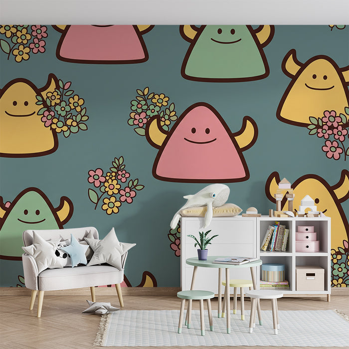 Papier peint chambre bébé | Monstres joyeux et fleurs colorées sur fond bleu