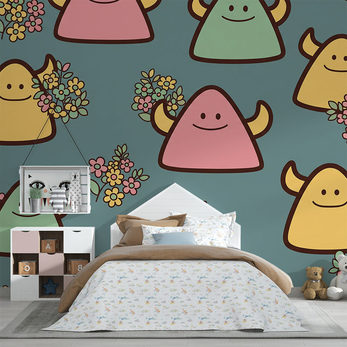 Papier peint chambre bébé | Monstres joyeux et fleurs colorées sur fond bleu