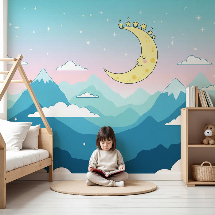 Tapéta baba szobához | Kék és zöld hegyek mosolygó holdal