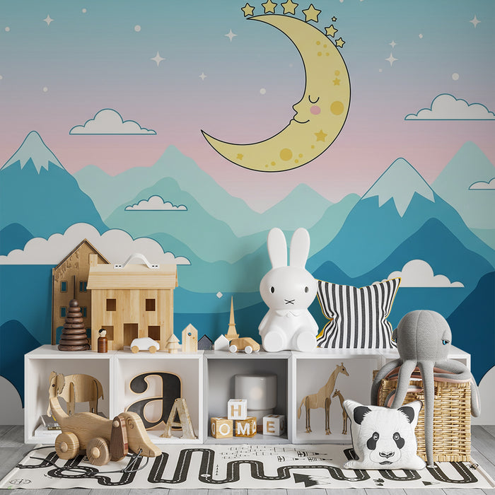 Tapéta baba szobához | Kék és zöld hegyek mosolygó holdal