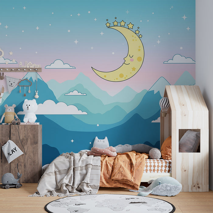 Tapéta baba szobához | Kék és zöld hegyek mosolygó holdal