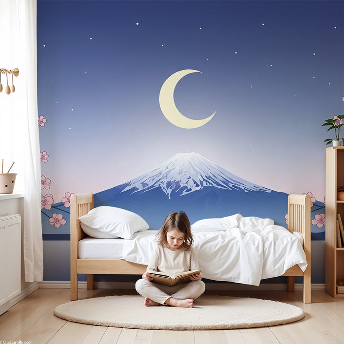 Lastenhuoneen tapetti | Mahtava vuoristo ja kukkivat kirsikkapuut tähtitaivaan alla