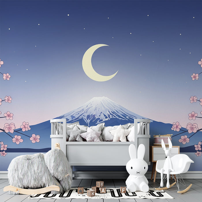 Lastenhuoneen tapetti | Mahtava vuoristo ja kukkivat kirsikkapuut tähtitaivaan alla