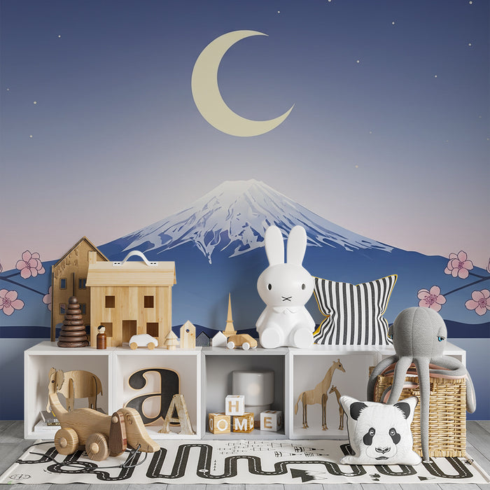 Lastenhuoneen tapetti | Mahtava vuoristo ja kukkivat kirsikkapuut tähtitaivaan alla