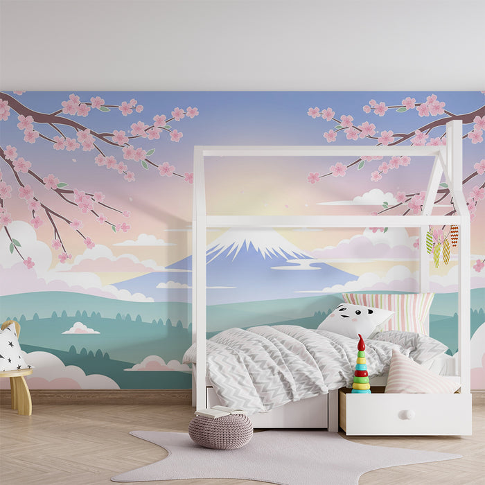 Lastenhuoneen tapetti | Mahtava vuoristo ja kukkivat kirsikkapuut pastellinsinisellä taivaalla