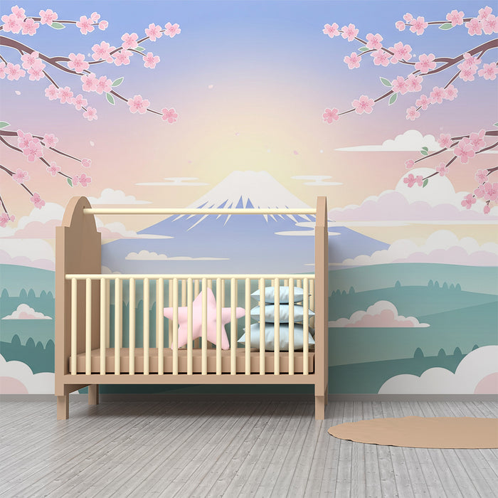 Lastenhuoneen tapetti | Mahtava vuoristo ja kukkivat kirsikkapuut pastellinsinisellä taivaalla