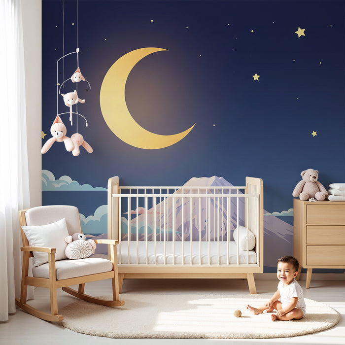 Lastenhuoneen tapetti | Vuoristo tähtitaivaan alla kuun ja pehmeiden pilvien kanssa