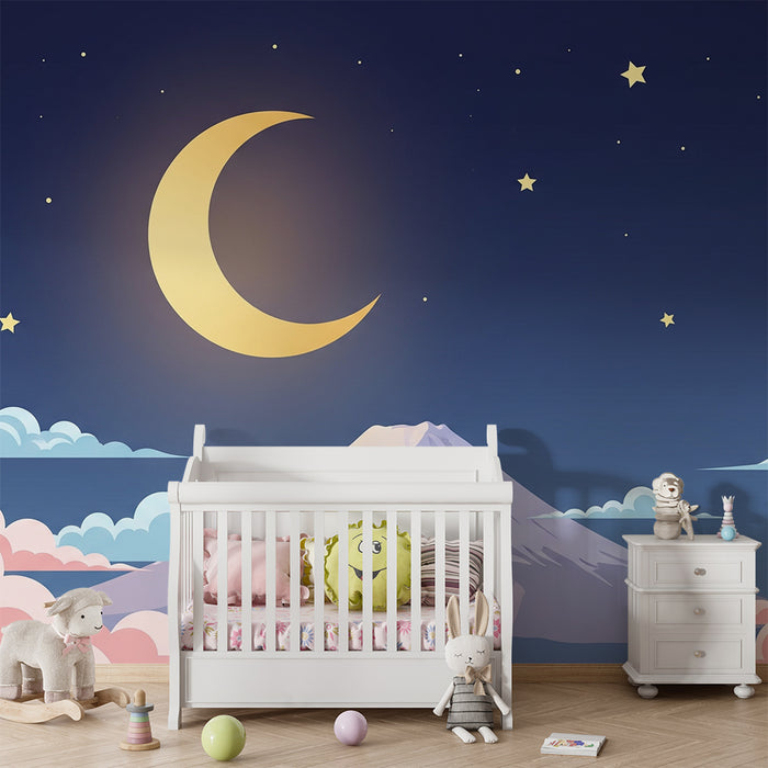 Lastenhuoneen tapetti | Vuoristo tähtitaivaan alla kuun ja pehmeiden pilvien kanssa