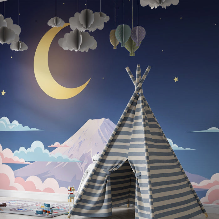Lastenhuoneen tapetti | Vuoristo tähtitaivaan alla kuun ja pehmeiden pilvien kanssa