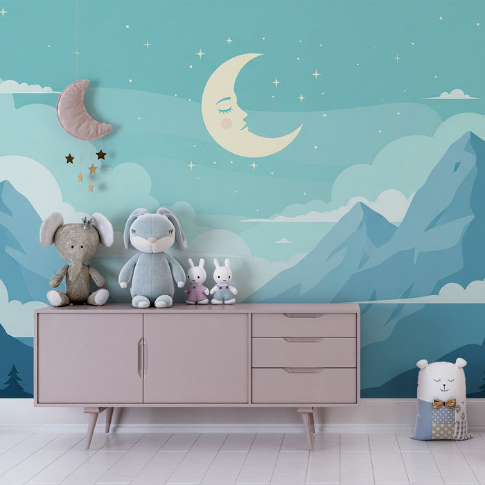 Behang babykamer | Kalme bergen onder een sterrenhemel met een lachende maan
