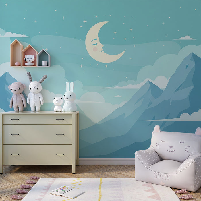 Behang babykamer | Kalme bergen onder een sterrenhemel met een lachende maan