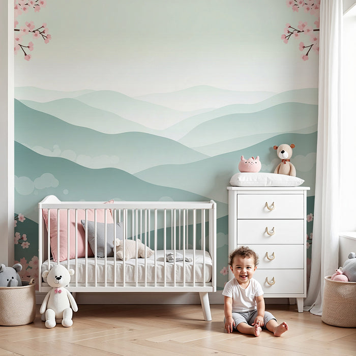 Lastenhuoneen tapetti | Sumuiset vuoret ja kukkivat kirsikkapuut