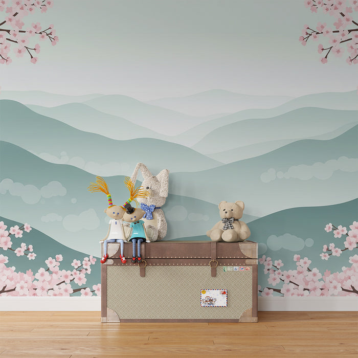 Lastenhuoneen tapetti | Sumuiset vuoret ja kukkivat kirsikkapuut