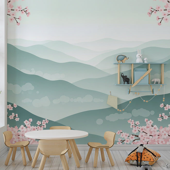 Lastenhuoneen tapetti | Sumuiset vuoret ja kukkivat kirsikkapuut