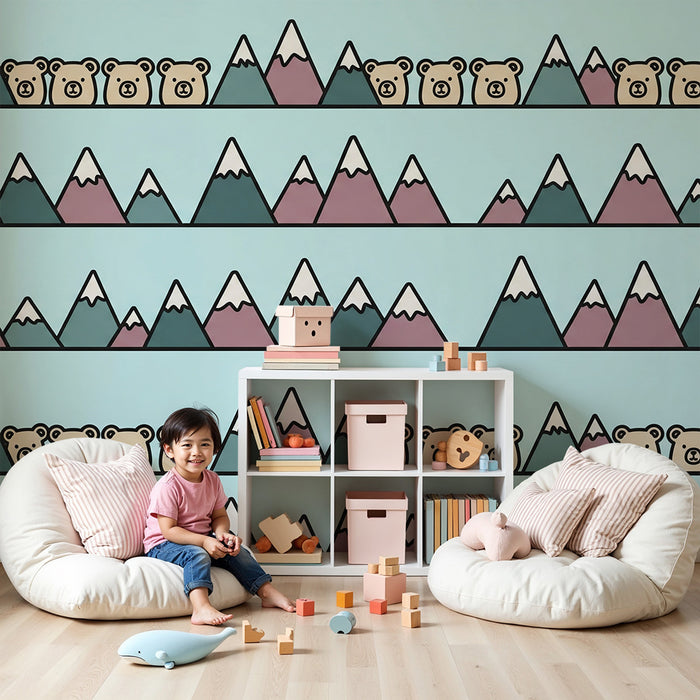 Nursery Wallpaper | Colorful Mountains and Adorable Bears