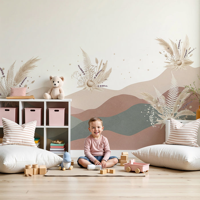 Papier de parede soba bebe | Nježne planine s delikatnim cvjetovima i zvijezdama