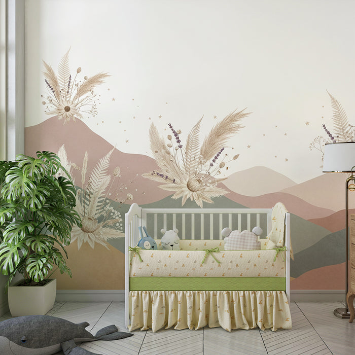 Papier de parede soba bebe | Nježne planine s delikatnim cvjetovima i zvijezdama