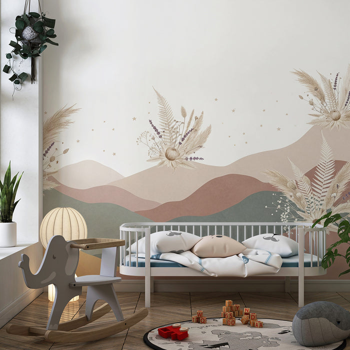Papier de parede soba bebe | Nježne planine s delikatnim cvjetovima i zvijezdama