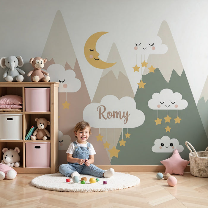 Tapet barnerom | Myke fjell med skyer og stjerner