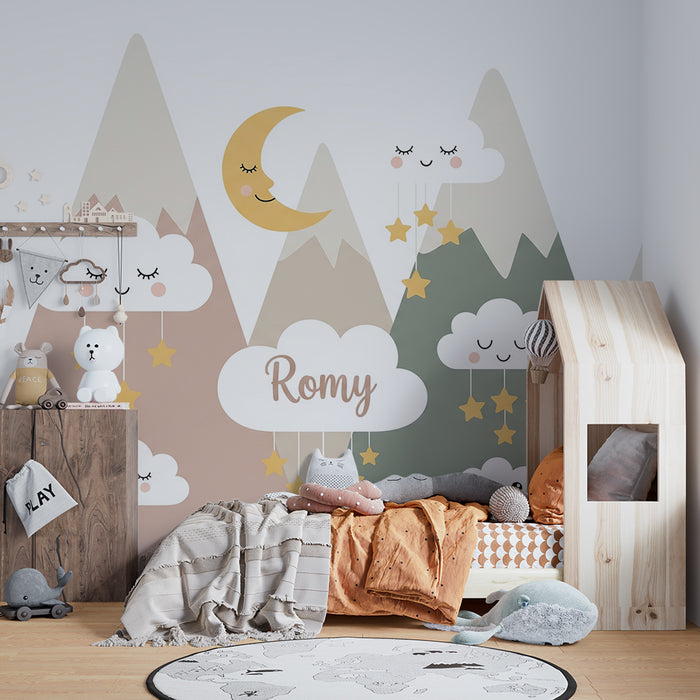 Tapet barnerom | Myke fjell med skyer og stjerner