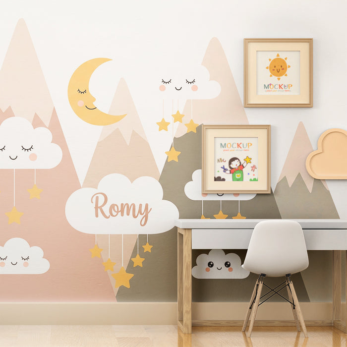 Tapet barnerom | Myke fjell med skyer og stjerner