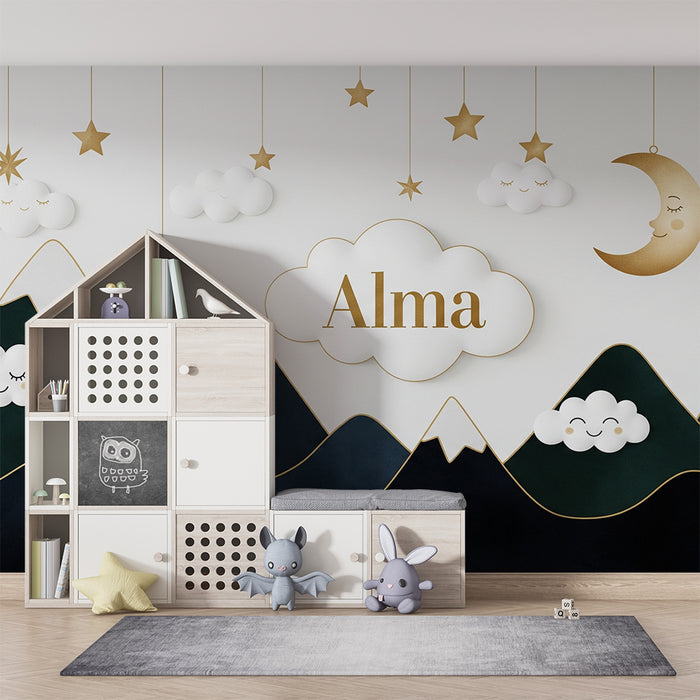 Tapet barnerom | Myke fjell med skyer og gullstjerner