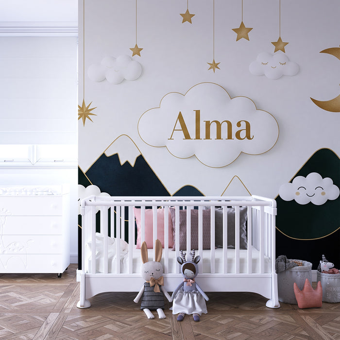 Tapet barnerom | Myke fjell med skyer og gullstjerner