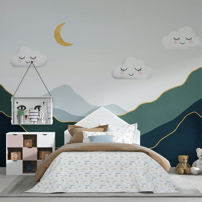 Papel pintado para habitación infantil | Montañas suaves con nubes sonrientes y luna dorada