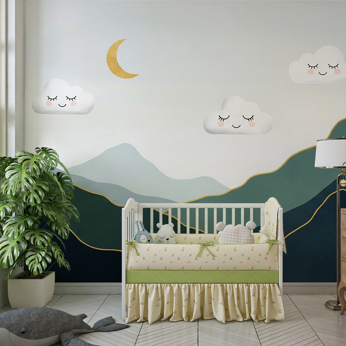 Papel pintado para habitación infantil | Montañas suaves con nubes sonrientes y luna dorada