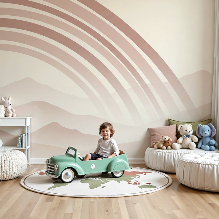 Børneværelse tapet | Bløde bjerge og pastelfarvede regnbuer