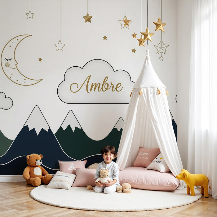 Tapeta do detskej izby | Jemné hory a hviezdne nebo s oblakmi a mesiacom