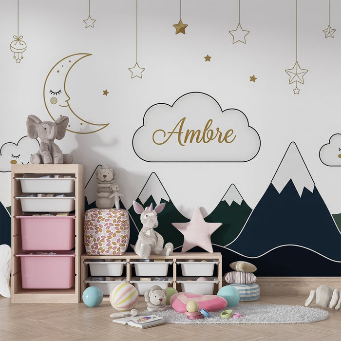 Tapeta do detskej izby | Jemné hory a hviezdne nebo s oblakmi a mesiacom