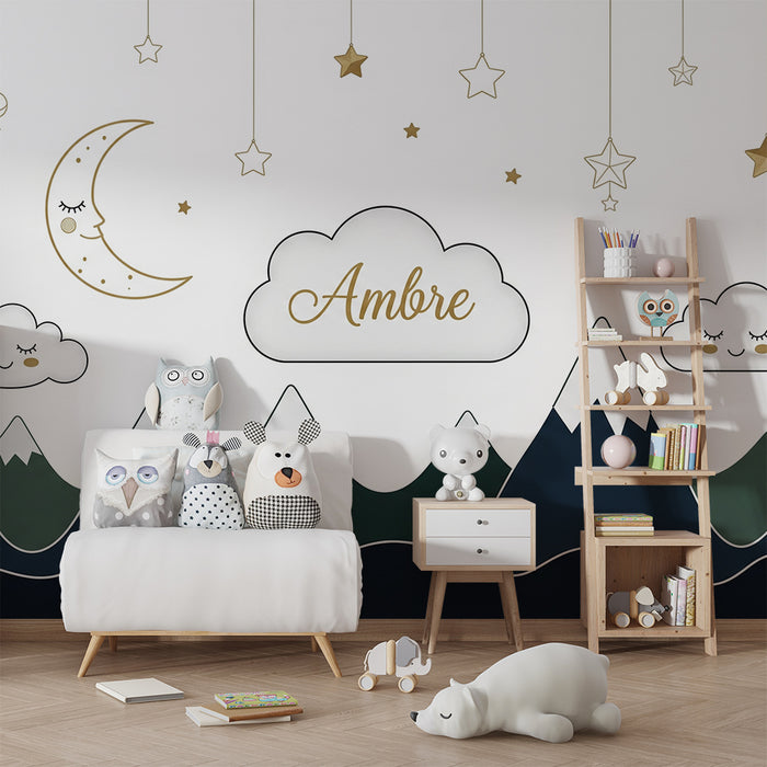 Tapeta do detskej izby | Jemné hory a hviezdne nebo s oblakmi a mesiacom