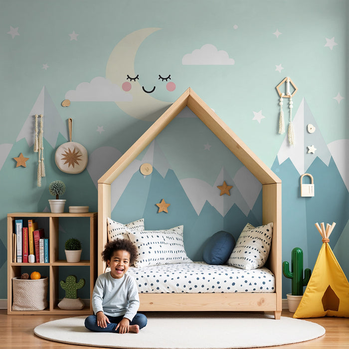 Tapet barnerom | Myke fjell og smilende måne i en beroligende himmel