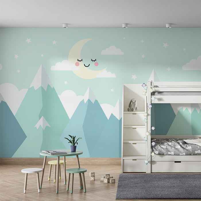 Tapet barnerom | Myke fjell og smilende måne i en beroligende himmel
