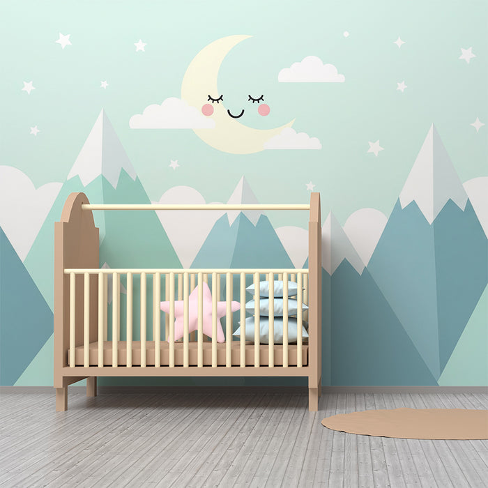 Tapet barnerom | Myke fjell og smilende måne i en beroligende himmel