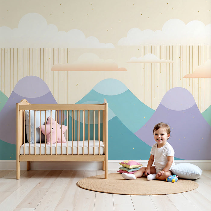 Lastenhuoneen tapetti | Lempeät vuoret ja värikkäät pilvet kevyen sateen kanssa