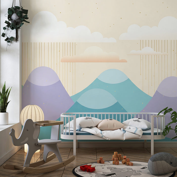 Lastenhuoneen tapetti | Lempeät vuoret ja värikkäät pilvet kevyen sateen kanssa