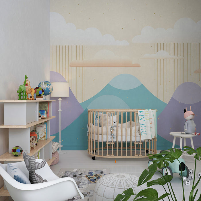 Lastenhuoneen tapetti | Lempeät vuoret ja värikkäät pilvet kevyen sateen kanssa