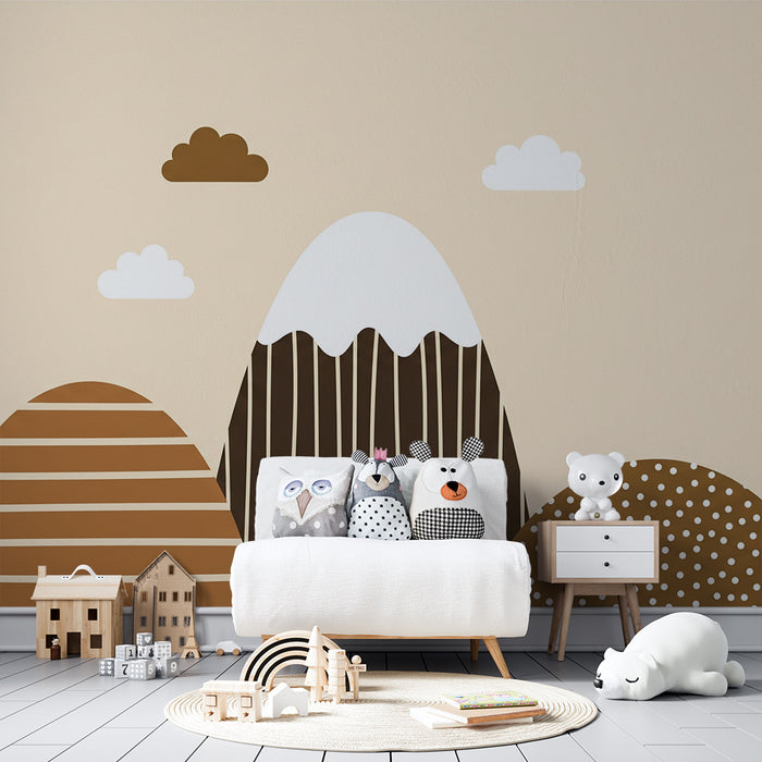 Χαρτί τοίχου για το δωμάτιο του μωρού | Απαλά βουνά και σύννεφα σε σοκολατένιες αποχρώσεις