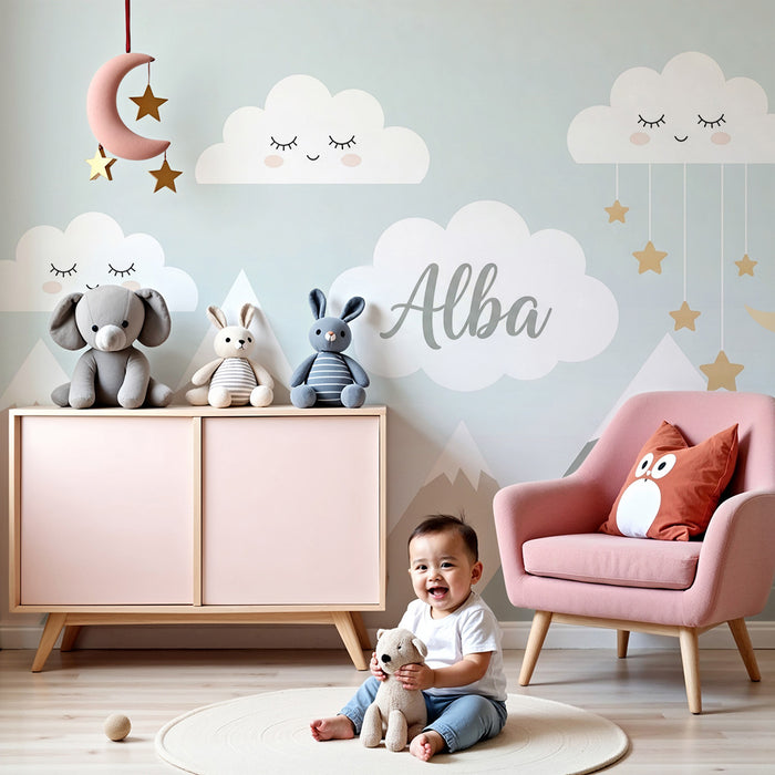 Tapeta do detskej izby | Jemné hory a úsmevne oblaky s hviezdami a mesiacom