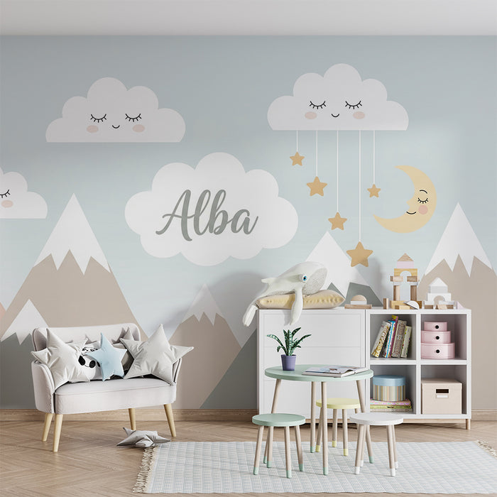 Tapeta do detskej izby | Jemné hory a úsmevne oblaky s hviezdami a mesiacom