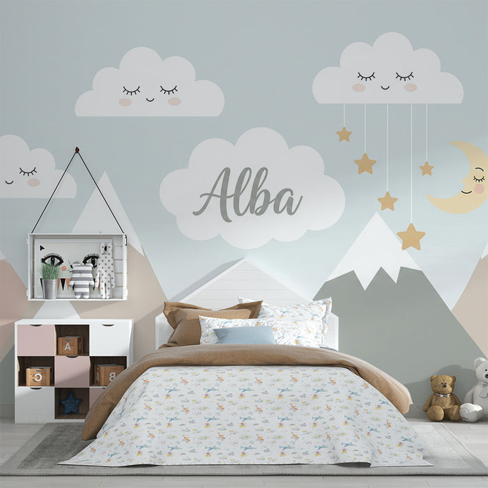 Tapeta do detskej izby | Jemné hory a úsmevne oblaky s hviezdami a mesiacom
