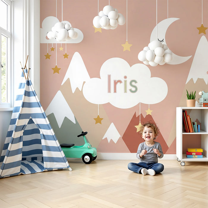 Papier de parede para o quarto do bebê | Montanhas suaves e nuvens sorridentes com estrelas Iris